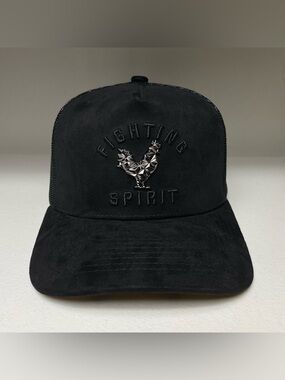 Rooster Emblem Black Suede Trucker Hat
